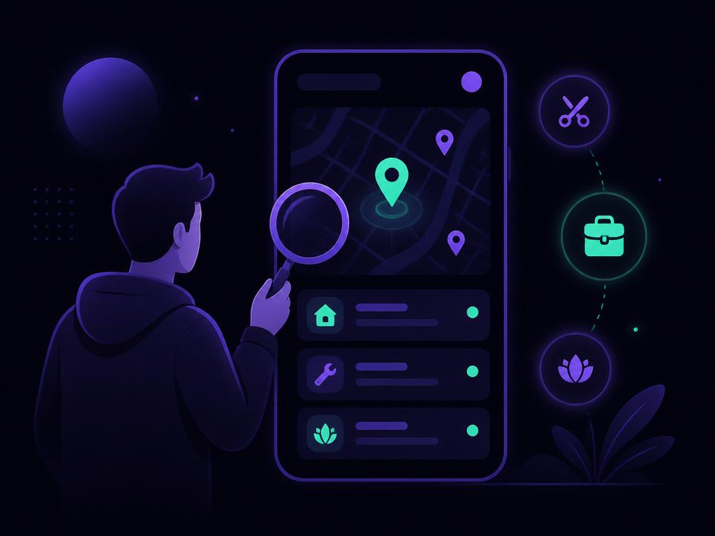 Ilustración de una persona buscando un servicio local en su teléfono
